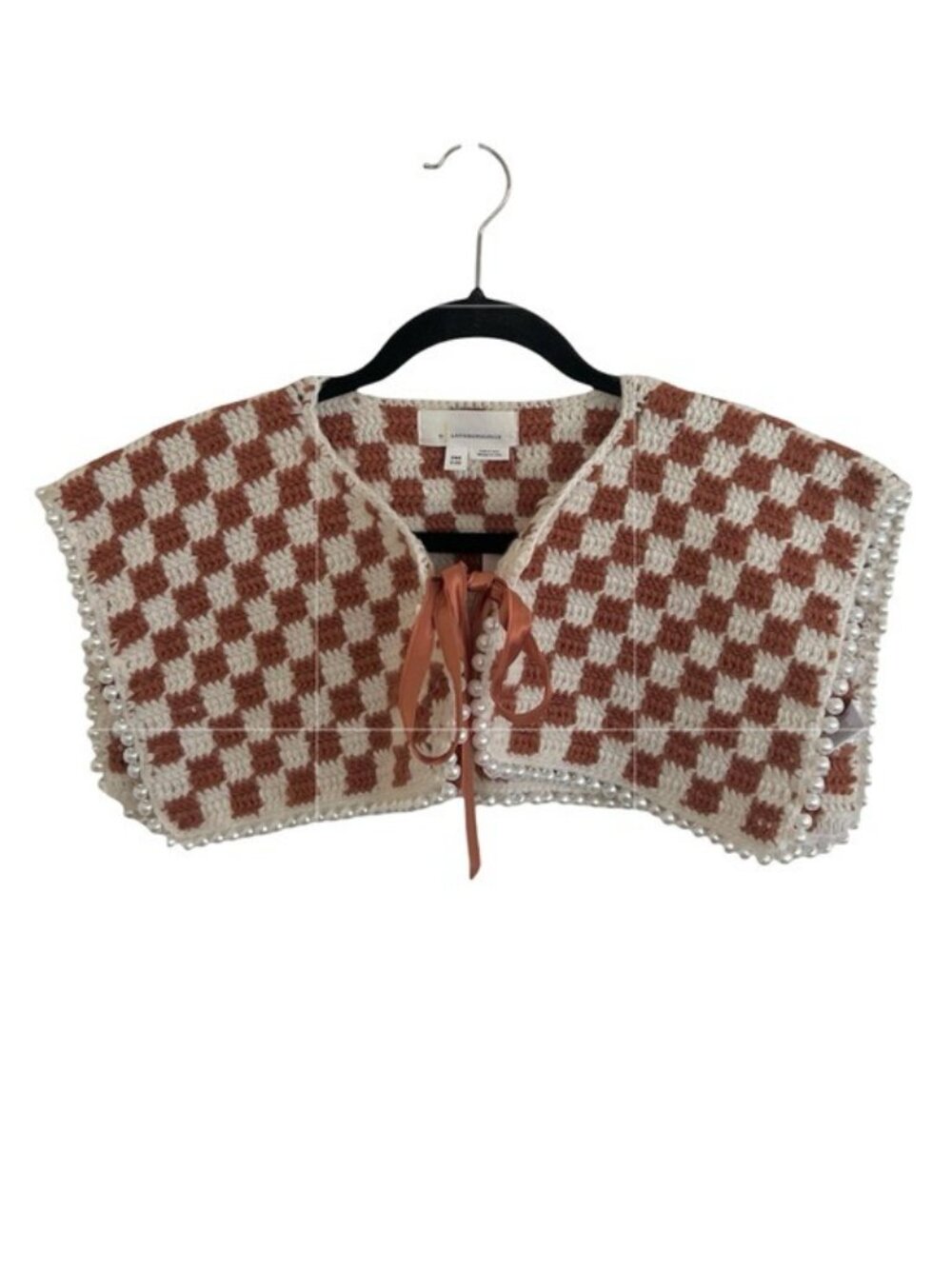 Anthropologie Brown Ivory Pearl Trim Checked Knit Collar NWT
